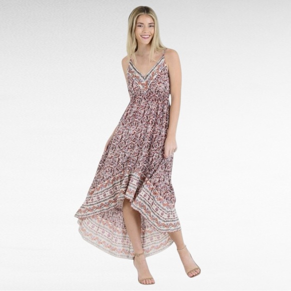 Angie | Colorful Bohemian Floral Print V-Neck High-Low Flowy Midi Hippie Dress - Picture 1 of 4